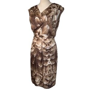 Antonio Melani Silk Blend Feather Print Sheath Dress Size 10 M Brown Luxe Career
